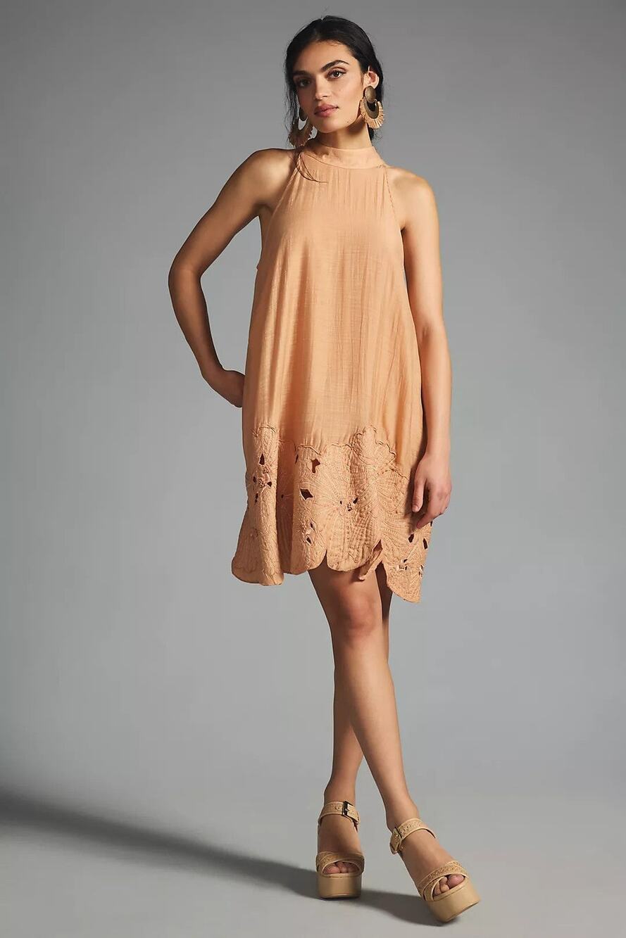 Anthropologie Floral Cutwork Sleeveless Halter Mini Dress - M